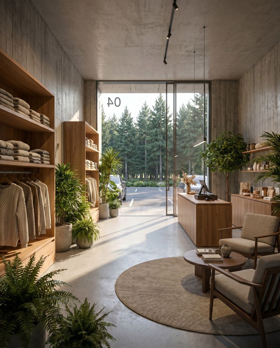 Interior tipo showroom con estantería de madera y plantas