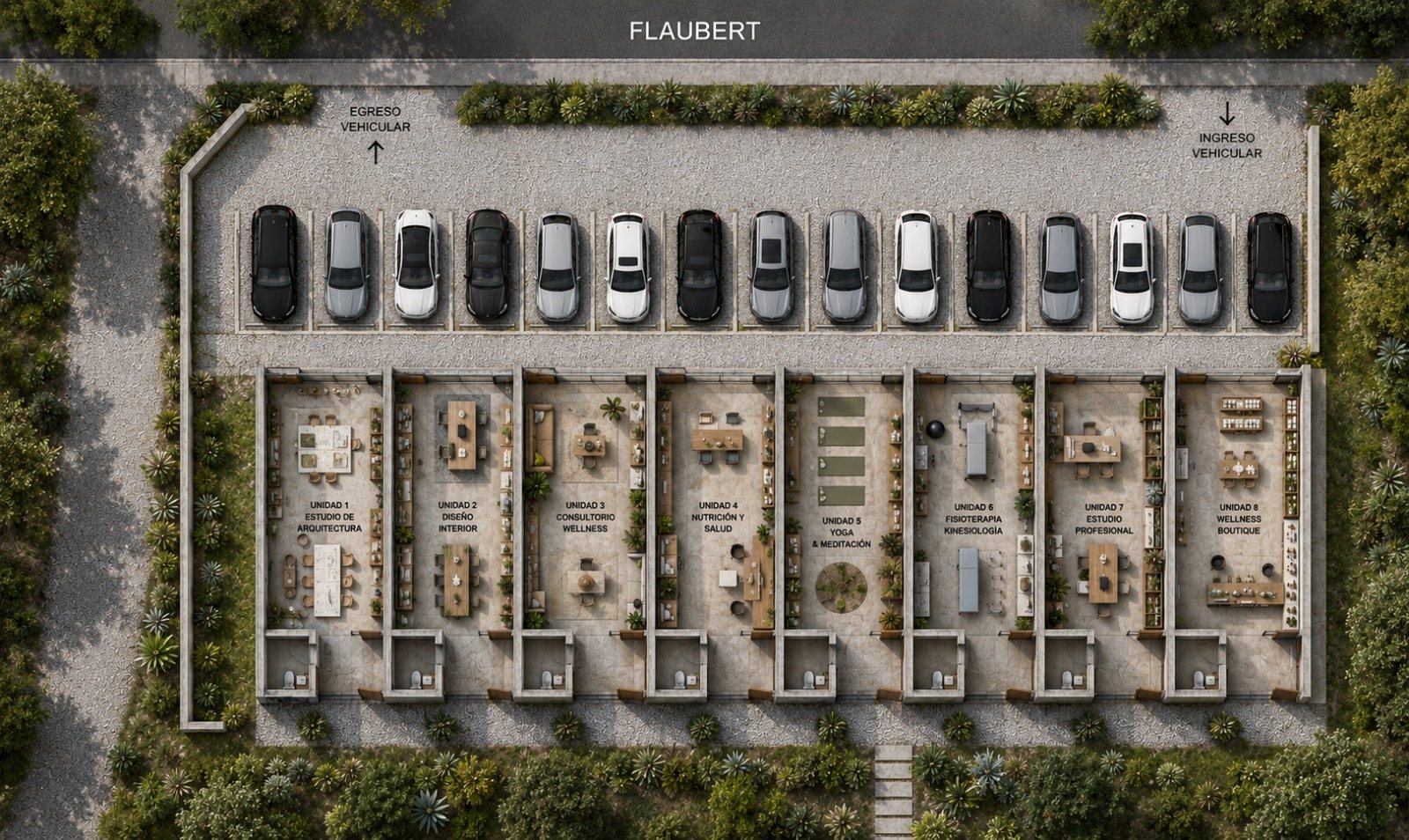 Plano cenital de BOSQUE: 8 unidades profesionales sobre calle Flaubert, con estacionamiento, entre arboleda